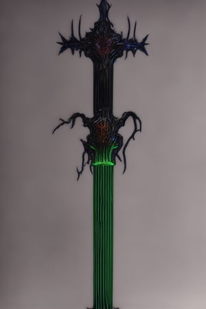 (masterpiece, best quality, high resolution),  lora:shodan-10:0.6, , dark purple theme, shadow theme, smoke theme, neon, neon colors, glowing sword, levetating upright sword, magnetic aura making sword float in the air, purple and black glowing colored aura around sword, small rocks levetating around sword, smoke around sword, swirls of energy throughout sword, crystal see through sword, chipped sword, cracks in sword, 12k, realistic, ultra realistic, detailed, ultra detailed, dark background, old decreptic cavern with overgrown vines and trees, small rays of light through ceiling, ,CGgame weaponicon esw,CGgameweaponicon gsw