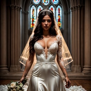 very beautiful 1.5 bride woman with modern wedding dress, wedding church, flowers background, long hair,  see-through clothes, epic photography, cinematic style, very hot and sexy, full body 1.2, ((masterpiece)), insanely quality, 8k,high definition, dof, depth_of_field,ultra quality,