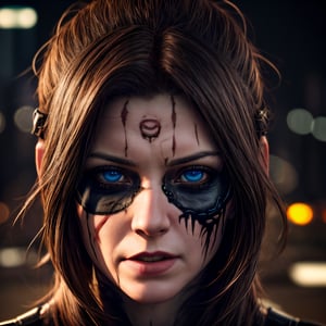 intricate cibernetic skull ,high details face, face scar, 8k, realistic, insanely high details, high details eyes, insane high details hair, cinematic lights 45 degree, dof, depth_of_field, city background, photography,