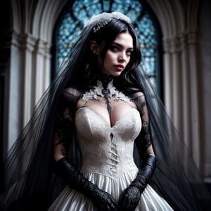 very beautiful 1.5 bride woman with black modern wedding dress, ((black wedding dress)) gothic wedding, gothic ART, (((darksynth, kinetics))) ,tattoos bride , wedding church, f1.2, long hair, epic photography, cinematic style, very hot and sexy, ((masterpiece)), insanely quality, 8k,high definition, dof, depth_of_field,ultra quality