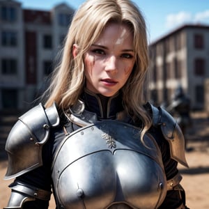 Warrior woman paladin with glowing   aura around body, armored rpg ,high details face, warrior, blonde hair, face scar, rpg, 8k, realistic, insanely high details, high details eyes, insane high details hair, cinematic lights 45 degree, dof, depth_of_field, city background, photography,see-through leotard,