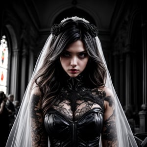 very beautiful 1.5 bride woman with black modern wedding dress, (((black wedding dress))) gothic wedding, neuron robot, gothic ART, (((darksynth, kinetics))) ,tattoos bride , wedding church, f1.2, tilt shift, batik, encaustic, sfumato, long hair, epic photography, cinematic style, very hot and sexy, ((masterpiece)), insanely quality, 8k,high definition, dof, depth_of_field,ultra quality