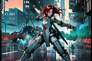 mach robot, 3 girl fighting in a city,BTR-80,Mecha,mecha,yofukashi background