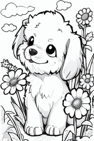 puppy in backyard, hand drawn, coloring book page, clean line art, white background, easy, continuous line, well defined, basic_background, 