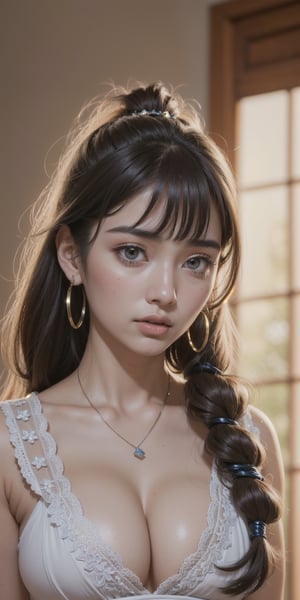 Protrait, photograph, photorealistic korean/indian girl, 20 years old, beautiful delicate jaw, delicate features, beautiful face, stunning  dreadlocked hair, long bangs, long ponytail, bright blue-brown eyes, hindu art, korean/Indian, (1 girl, 1girl, 1_girl), focus, intricate detailed, high detail, (incredibly absurdres, ultra-detailed,CG ,unity ,8k wallpaper),(masterpiece),((ultra realistic)),(photorealistic:1.5),(raw photo:1.2), (best quality:1.2), (detailed face :1.4),(beautiful detailed eyes :1.2),(detailed hair),((detailed breasts)), ((saggy natural medium breasts)),((pronounced sexy cleavage)),((sexy natural medium breasts)),cinematic image,  (Beautiful eyes), (Best quality), ((magic beautiful face)), busty, (Ultra detailed), (Detailed face), Solo