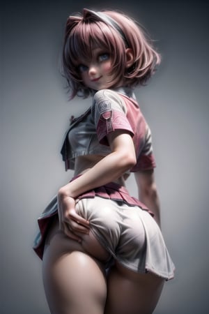 (absurdres, official art, unity 8k wallpaper, ultra detailed, High quality,best quality), 1girl, blue eyes, she has short red hair, she is wearing a (white tight skirt), latina ass, she is standing, smile, (ass support), (hands on own ass), no panties, porn, highly detailed,absurdres,masterpiece,(white theme)