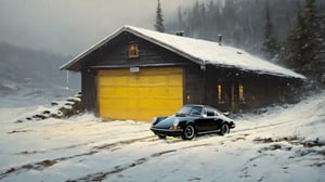 large format, perfect artwork, a photo of a garage with a porsche 911 in the back, color(black, yellow, white), snowy, scenery, bright, perfect architecture, landscape ,light rain, misty, overcast lighting, 8k, dreamy haze, highly detailed, high resolution, ( very detailed background, detailed complex background ),painting by jakub rozalski,greg rutkowski,6000