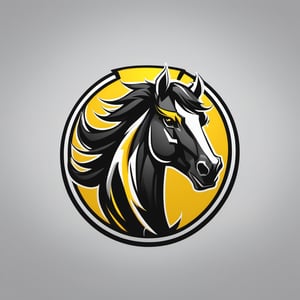 A logo for a gaming community, wild mustang, bold, themed colors (black, yellow, white)., LogoRedAF,