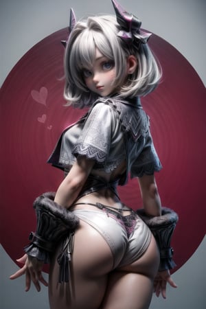 (absurdres, official art, unity 8k wallpaper, ultra detailed, High quality,best quality), 1girl, blue eyes, she has short white hair, she is wearing a (white mini skirt), latina ass, she is wearing a white with red hearts panties, she is standing, smile, (ass support), porn, highly detailed,absurdres,masterpiece, (pink theme)