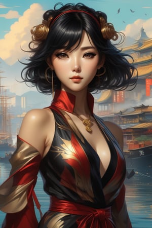 (masterpiece,best quality, ultra realistic,32k,RAW photo,detailed skin, 8k uhd, high quality:1.2), surrealist art 'Hu Tao' character in liyue harbor, Genshin Impact, fantasy, anime, manga, game art, concept art, digital painting, art by artgerm and greg rutkowski and alphonse mucha . dreamlike, mysterious, provocative, symbolic, intricate, detailed