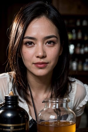 portrait of 1girl,
working in a steampunk apothecary mixing ingredients and making potions, mechanical, steam powered,
bokeh, f1.4, 40mm, photorealistic, raw, 8k, textured skin, skin pores, intricate details,