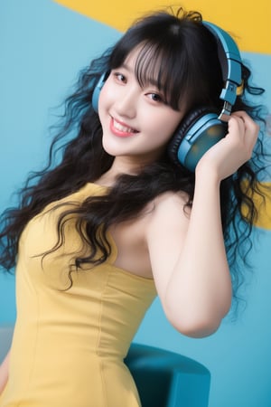 , (closeup:1.2), 1girl,smile,best quality,8k,fluffy long hair,,black hair,messy hair, (nude:1.3), sitting on a klipsch speaker,yellow dress,pure light blue background,3d style,AI_Misaki, 