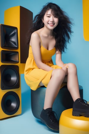 , (closeup:1.2), 1girl,smile,best quality,8k,fluffy long hair,,black hair,messy hair, (nude:1.3), sitting on a klipsch speaker,yellow dress,pure light blue background,3d style,AI_Misaki, 