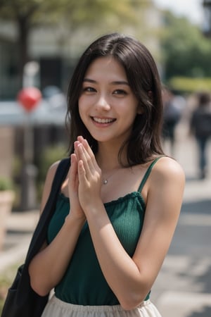 photo of a 18 year old girl,clapping hands,happy,laughing,facing viewer,ray tracing,detail shadow,shot on Fujifilm X-T4,85mm f1.2,depth of field,bokeh,motion blur
