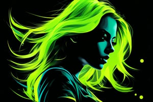 cover painting banner a girl with green neon hair, green cloth, car, black background, contact eyes, best quality