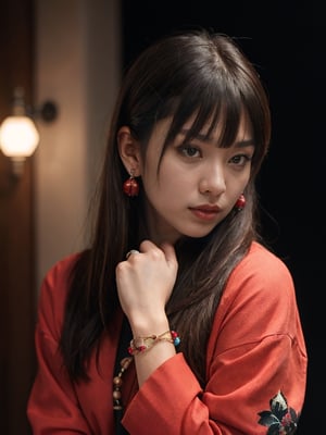 (Masterpieces,highest quality,8k,realistic hyper - detail,absurdres,), 1girl,solo,black hair,long hair,jewelry,bangs,looking at viewer,blunt bangs,grey eyes,branch,bracelet,upper body,ring,flower,lips,straight hair,hand up,closed mouth,black background,red lips,japanese clothes,beads,long sleeves