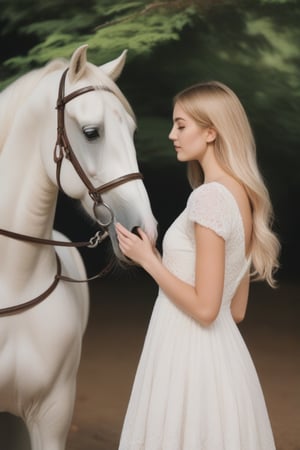 a girl standing next to a white horse, long hair, blonde hair, dress, closed eyes, outdoors, white dress, blurry, from side, tree, blurry background, animal, nature, realistic