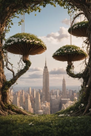 Floating Cityscape: A majestic, whimsical metropolis suspended amidst a dreamy, enchanted forest. Vibrant green foliage and sparkling flowers dance beneath the clouds, as twisted trees and vines stretch towards the sky. Natural lighting casts dramatic shadows, while unique fantastical elements like floating islands and orbs add depth. Highly detailed vegetation and intricate mushroom textures shine with luscious color and rim light. A stunning, cinematic masterpiece featuring a beautifully lit cityscape at golden hour, with a blurred background and selective focus, evoking hope and wonder in the viewer.
