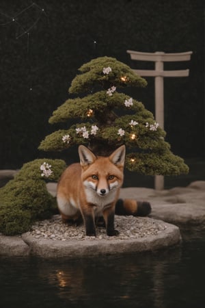 The image showcases an extraordinary being that seems to be a fusion of a fox, a bonsai tree, and a constellation, captured in what appears to be a serene Japanese garden at night.
The creature has the general shape and size of a red fox, with a slender body, pointed ears, and a bushy tail. However, instead of fur, its body is covered in a layer of fine, moss-like growth interspersed with delicate cherry blossom flowers. The moss shifts in color from deep greens to soft blues, creating a living tapestry across its form.
The fox's tail is where the bonsai element truly shines. It fans out into an intricate network of miniature tree branches, complete with tiny leaves and even smaller cherry blossoms. This bonsai tail appears to be in perfect proportion, as if crafted by a master gardener over many years.
Most strikingly, portions of the creature's body seem to be composed of star-like lights connected by faint, glowing lines - like a living constellation. These stellar patterns are most prominent along its back and face, creating the impression that you're looking at a piece of the night sky shaped into a fox form.
The being's eyes are particularly captivating - they appear as swirling galaxies, deep and mesmerizing, suggesting both ancient wisdom and cosmic playfulness.
As the creature moves, small firefly-like lights drift off its body, leaving brief, glowing trails in the air before fading away. This gives the impression of stars gently falling around it with each step.
The setting is a traditional Japanese garden at night. A stone lantern casts soft light nearby, illuminating a small koi pond and a carefully raked gravel path. Bamboo sways gently in the background, and a torii gate is just visible in the distance.
Despite the fantastical nature of this hybrid creature, the photograph appears incredibly lifelike. Every detail is rendered with photorealistic precision - from the texture of the moss and the delicate structure of the bonsai branches to the subtle glow of the constellation patterns and the reflection of starlight on the pond's surface.
The creature is captured mid-step, one paw raised as it walks along the edge of the koi pond. Its posture is alert yet serene, its galaxy eyes focused on something just out of frame, creating a sense of mystery and magic in this beautifully composed nocturnal scene.