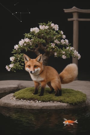 The image showcases an extraordinary being that seems to be a fusion of a fox, a bonsai tree, and a constellation, captured in what appears to be a serene Japanese garden at night.
The creature has the general shape and size of a red fox, with a slender body, pointed ears, and a bushy tail. However, instead of fur, its body is covered in a layer of fine, moss-like growth interspersed with delicate cherry blossom flowers. The moss shifts in color from deep greens to soft blues, creating a living tapestry across its form.
The fox's tail is where the bonsai element truly shines. It fans out into an intricate network of miniature tree branches, complete with tiny leaves and even smaller cherry blossoms. This bonsai tail appears to be in perfect proportion, as if crafted by a master gardener over many years.
Most strikingly, portions of the creature's body seem to be composed of star-like lights connected by faint, glowing lines - like a living constellation. These stellar patterns are most prominent along its back and face, creating the impression that you're looking at a piece of the night sky shaped into a fox form.
The being's eyes are particularly captivating - they appear as swirling galaxies, deep and mesmerizing, suggesting both ancient wisdom and cosmic playfulness.
As the creature moves, small firefly-like lights drift off its body, leaving brief, glowing trails in the air before fading away. This gives the impression of stars gently falling around it with each step.
The setting is a traditional Japanese garden at night. A stone lantern casts soft light nearby, illuminating a small koi pond and a carefully raked gravel path. Bamboo sways gently in the background, and a torii gate is just visible in the distance.
Despite the fantastical nature of this hybrid creature, the photograph appears incredibly lifelike. Every detail is rendered with photorealistic precision - from the texture of the moss and the delicate structure of the bonsai branches to the subtle glow of the constellation patterns and the reflection of starlight on the pond's surface.
The creature is captured mid-step, one paw raised as it walks along the edge of the koi pond. Its posture is alert yet serene, its galaxy eyes focused on something just out of frame, creating a sense of mystery and magic in this beautifully composed nocturnal scene.