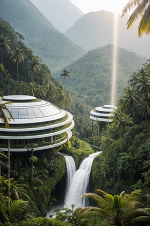 forest , tree , future, daytime, sun shine, future, asia, drizzle, futuristic architecture house, architecture assimilate into forest, palm tree, different species of asian forest plant, perspective depth of field, animal ,round & oval shape architecture house, wind, mountain bacground , bird fly, waterfall, colourful plant