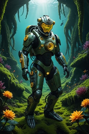 ((Masterpiece, best quality, ultra details, 8k, HDR)), Lenkaizm,(absurdity), Envision a realistic picture of a biomechanical entity in the sea, this entity is a fusion of technology and nature, with a helmet that resembles a diving suit, its surface covered in verdant moss, aiming a weapon to viewer, twisting vines around, bright exotic flowers, luminescent glow, this photo should have a whimsical and fantastical feel, with vibrant colors and a top quality detail,ROBOT,exosuit,tactical gear,DonMM1y4XL