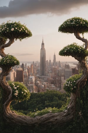 Floating Cityscape: A majestic, whimsical metropolis suspended amidst a dreamy, enchanted forest. Vibrant green foliage and sparkling flowers dance beneath the clouds, as twisted trees and vines stretch towards the sky. Natural lighting casts dramatic shadows, while unique fantastical elements like floating islands and orbs add depth. Highly detailed vegetation and intricate mushroom textures shine with luscious color and rim light. A stunning, cinematic masterpiece featuring a beautifully lit cityscape at golden hour, with a blurred background and selective focus, evoking hope and wonder in the viewer.