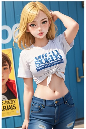 old style, 1girl, solo, looking at viewer, blonde hair, shirt, navel, standing, white shirt, short sleeves, cowboy shot, midriff, pants, arms up, lips, denim, t-shirt, clothes writing, freckles, jeans, realistic, tied shirt, poster (object), mole on stomach,