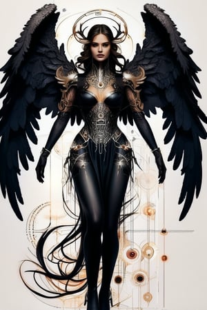 glowing, lineart, full_body, standing, dark fantasy female angel, stunning and beautiful, wings, mechanical components, insane detail