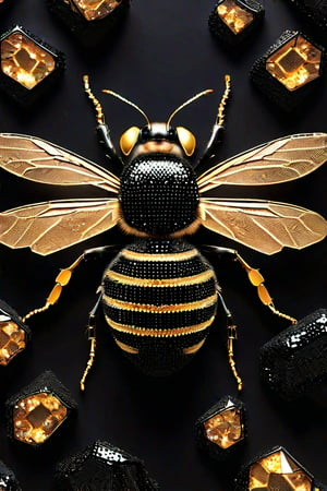 Honeybee made out of black diamonds, honeycomb shimmering glistening black diamonds that twinkle, honey falling to the grounds, gold string ties it all together, p1nkblackd1am0nds, enhanced textures, creative, beautiful, vibrant, masterpiece, 8k, ultra HD, ultra-detailed, amazing quality, amazing artist, sharp edges, detailed textures, full view, atmospheric lighting, amazing visuals