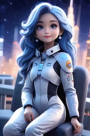 A beautiful girl with blue hair in a spacesuit, sitting on a chair, against the background of the night city. 16k,hyperdetalization,disney pixar style,Disney pixar style,anime