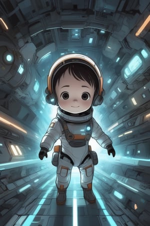 avatar cute, adorable girl, Girl in underpants, spaceship inside, Tsutomu Nihei style, Sidonia no Kishi, gigantism, laser generator, multi-story space, futuristic style, Sci-fi, laser at center, laser from the sky, energy clots, acceleration, light flash, speed, anime, drawing, full body, chibi,