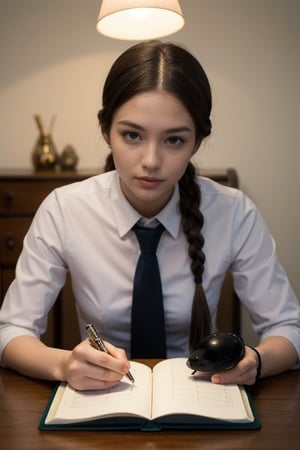 Best quality, masterpiece,  solo, perfect face, perfect eyes, brown hair, long braids, shirt, tie, lamp, table, pen, notebook, writing in notebook, looking at viewer