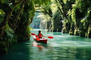 A serene island landscape: a young girl sitting on a Kayak bout, surrounded by lush greenery of vines and towering trees. 