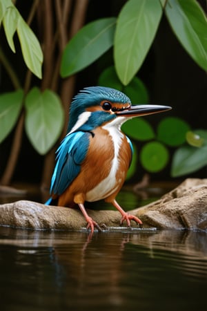 close up angle of, , ((),(3d Kingfisher in md air)) surrounded by jungle( waters), bird, detailed focus, deep bokeh, beautiful, , bight vib background. Visually delightful, 3D