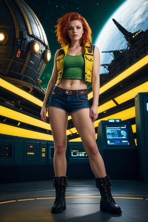 masterliece, high quality, high_res, 8K, 
sci_fi setting, cosmo opera, beautiful  ginger woman as cosmo pirate in punk style, green t_shirt, yellow vest, denim shorts, boots. space ship background, fusion intricate style from Cowboy Bibop anime and pretentious atmosphere from Mass Effect videogame, detailed background, sharp focus, contrast lighting, detailed eyes