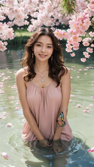 (full body:1.1),masterpiece,bestquality,8k,officialart,cinematiclight,ultrahighres,1girl,(wavy hair:1.1),drop earrings,necklace,shiny skin,look at view, ((ink)),(water color),bloom effect,detailed beautiful grassland with petal,flower,butterfly,necklace,smile,petal,(((surrounded by heavy floating petal flow)))