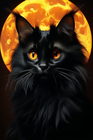 black fluffy gorgeous dangerous cat animal creature, large orange eyes, big fluffy ears, piercing gaze, full moon, dark ambiance, best quality, extremely detailed