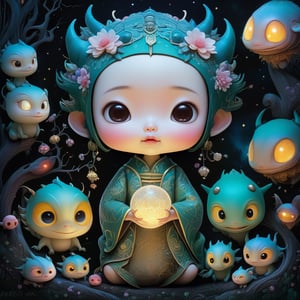   ultra highly detailed, , cinematic, 32k,  Asian folklore,  detailed  ink, acrylic,  by Craola,  Nicoletta Ceccoli, Beeple, Jeremiah Ketner  Todd Lockwood, storybook illustration,  cute  vivid tiny   Yokai  fairy   girl  and  perfect  Asian  ghost dragon , extremely big sharp  glowing   eyes,  meadow, forest,  night, ,stars, starry sky, fairytale,  storybook,   mystical, highly detailed unusual  highly detailed, intricated, intricated pose,   masterpiece, high quality, ultra details, small detailing,vibrant colors, complex patterns , unreal engine 