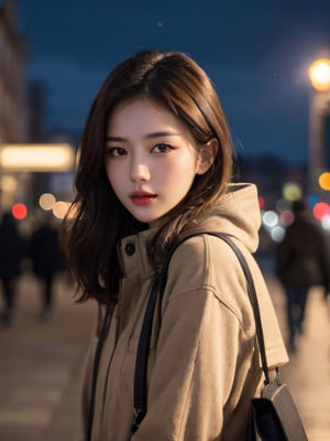 masterpiece, realistic, best quality, beauty girl in city, hloding bag, looking at viewer, winter clothes, cute, solo, brown hair, brown eyes, depth of field, night, realistic, porses,skin detail, acne, detail eyes, (masterpiece,best quality:1.5)