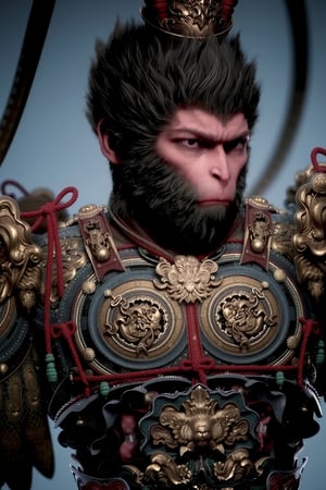 wukong, This image is a highly detailed digital illustration featuring a fierce, mythical character with an anthropomorphic appearance. The character is depicted as a humanoid figure with a large, muscular build and a prominent, bushy mane of dark hair. He has a stern, serious expression with sharp, piercing eyes and a slightly raised brow, suggesting a sense of determination or readiness.The character is dressed in ornate, elaborate armor that is richly detailed with intricate patterns and motifs. The armor is predominantly dark, likely black or dark blue, with gold and silver accents that catch the light, giving it a shimmering effect. The armor is adorned with various decorative elements, including ornate shoulder pads, intricate designs on the chest plate, and long, flowing red ribbons that add a touch of color and contrast. The armor is heavily embellished with traditional Asian motifs, such as dragons and floral patterns, indicating a possible East Asian influence in the design. look at viewer 