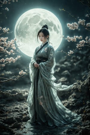 A serene East Asian-inspired scene: a young woman stands tall in the foreground, her face illuminated by the soft glow of the full moon hovering above. Her bright, shining eyes and glossy lips are the focal point, with a blurred background adding depth to the composition. Traditional media techniques bring a sense of nostalgia to this trending ArtStation piece, capturing the subject's entire figure in a stunning, atmospheric setup.
