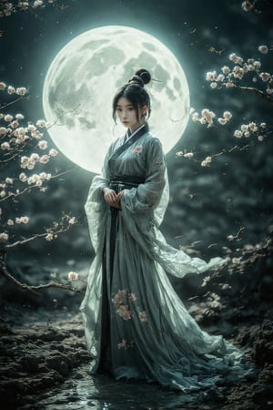 A serene East Asian-inspired scene: a young woman stands tall in the foreground, her face illuminated by the soft glow of the full moon hovering above. Her bright, shining eyes and glossy lips are the focal point, with a blurred background adding depth to the composition. Traditional media techniques bring a sense of nostalgia to this trending ArtStation piece, capturing the subject's entire figure in a stunning, atmospheric setup.