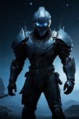 A lone, armored warrior stands tall amidst a futuristic, desolate landscape. His piercing blue eyes glow with an otherworldly intensity, illuminated by the faint light of distant stars. The armor encasing his physique is adorned with intricate details, as if forged from ancient technology. A gleaming arm blade extends from his shoulder, ready to strike. In the darkness, only his glowing helmet and radiant eyes stand out, like beacons calling forth an alien power.