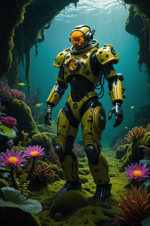 ((Masterpiece, best quality, ultra details, 8k, HDR)), Lenkaizm,(absurdity), Envision a realistic picture of a biomechanical entity in the sea, this entity is a fusion of technology and nature, with a helmet that resembles a diving suit, its surface covered in verdant moss, aiming a weapon to viewer, twisting vines around, bright exotic flowers, luminescent glow, this photo should have a whimsical and fantastical feel, with vibrant colors and a top quality detail,ROBOT,exosuit,tactical gear,DonMM1y4XL
