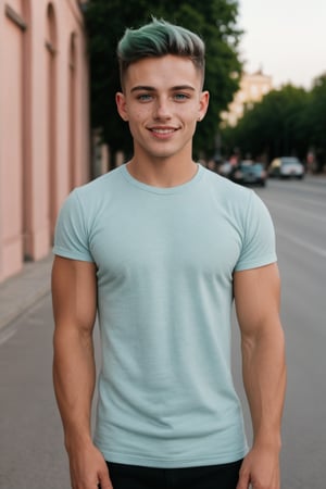
Imagine the following scene:

Realistic photograph of a beautiful man for social network. Smile. Half body shot.

The man is outdoors.

The man wears a gray sports shirt.

The man is from Mexico, masculine, green hair, punk hair. 20 years old, very light blue eyes, bright and big eyes, full and red lips, blush, muscular. freckles in the face

high realism aesthetic photo, RAW photo, 16K, real photo, best quality, high resolution, masterpiece, HD, perfect proportions, perfect hands
