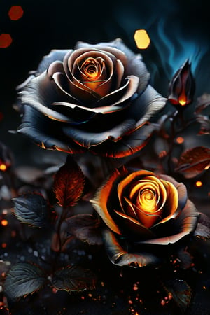 cinematic photo breathtaking hyperrealistic art A digital illustration combining elements of two images: a scene of black, charred roses with faetastic Glowing  embers amidst a dark, ash-covered ral-oilspill ground, and an shiny intricate  fractal design resembling a ral-polishedsteel golden flower with complex patterns and details. The composition blends the dark, burnt elements with the bright, glossy elegant fractal flower, creating a dramatic and surreal visual effect with high contrast and day-glo details. Extremely high-resolution details, photographic, realism pushed to extreme, fine texture, incredibly lifelike . award-winning, professional, highly detailed . 35mm photograph, film, bokeh, professional, 4k, highly detailed