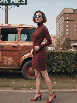 front profile full body Photography, in font of a rusty billboard, a hip hop 80's British model woman with 50's haircut, in a white and red zig zag stripes turtleneck dress and large sunglasses, 80 degree view, art by Sergio Lopez , Natalie Shau, james jean and salvador dali
