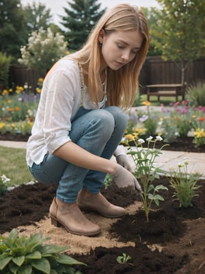 a young blonde american woman planting flowers in her garden. Parody.