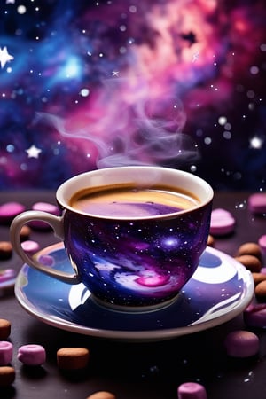 enchanting scene, a steaming cup of coffee, the liquid within the cup forms a swirling cosmic galaxy, The coffee surface is a mesmerizing mix of deep purples and blues and pinks dotted with stars and nebulae, fit the vastness of space inside the cup, The cup rests on a saucer that reflects the celestial patterns, surrounded by tiny star-shaped cookies and cosmic-themed decorations, The atmosphere is magical and dreamy,vivid color